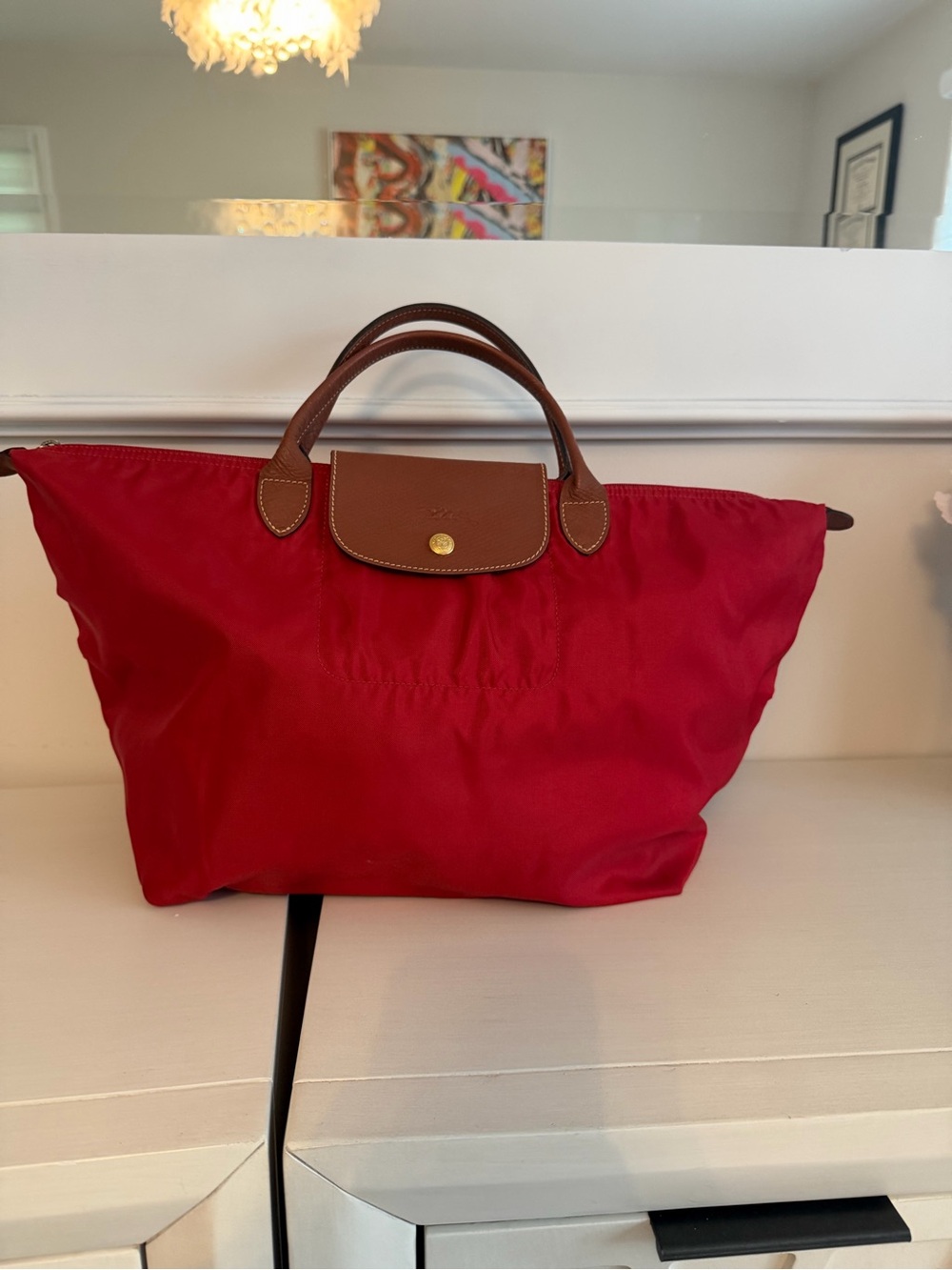 Longchamp Red Nylon Medium Tote with Brown Leather Trim